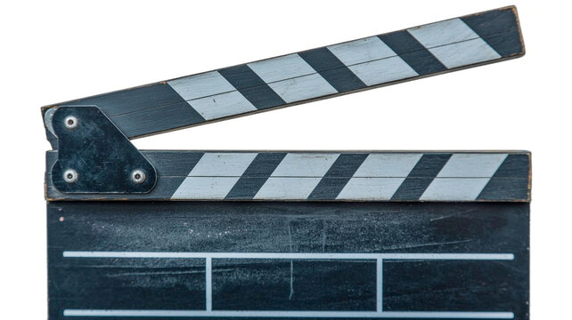 A classic film clapperboard, opened and ready for action on a pristine white background, symbolizing the start of a movie scene, professional video production, and the dynamic world of cinema