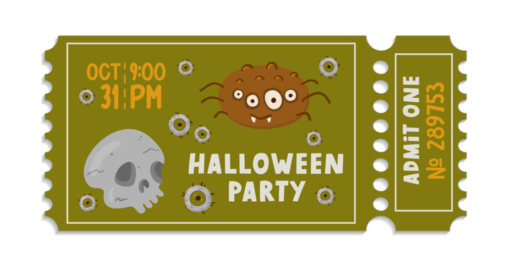 Halloween party ticket with skull, spider monster and creepy eyeballs. Vintage admit one pass.