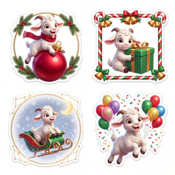 Cute Christmas goat sticker pack, cartoon baby lamb characters set celebrating New Year 2027 with gift box, sleigh, balloons and Christmas bauble, 3D style illustration isolated on white