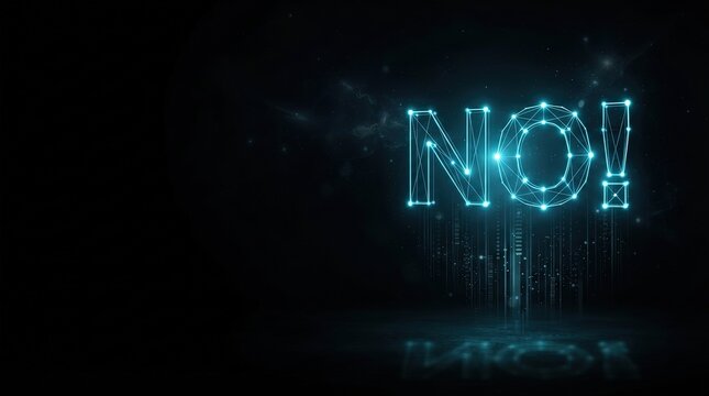 Striking 3D glowing blue NO hologram on dark tech background ideal for AI, machine learning, and digital innovation projects showcasing futuristic tech.
