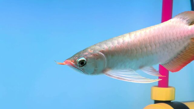 Elegant Silver Arowana Swimming in Tank. Close up footage showcasing a vibrant silver arowana fish swimming gracefully in a crystal clear aquarium. 4K 60fps footage