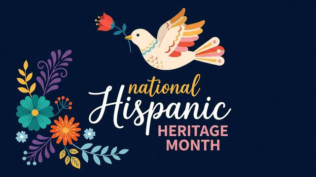 National Hispanic Heritage Month text animation with bird and flowers