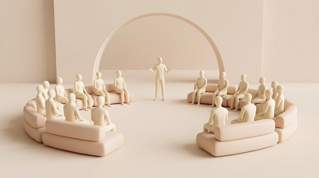 Minimalist monochrome 3D figures in a business seminar, beige clay model of a corporate workshop meeting, abstract group of people sitting in a circle for a coaching session or keynote.