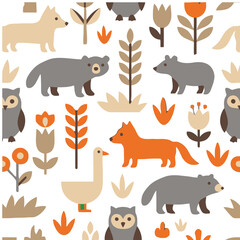 Obraz premium Cute woodland animals and plants seamless pattern