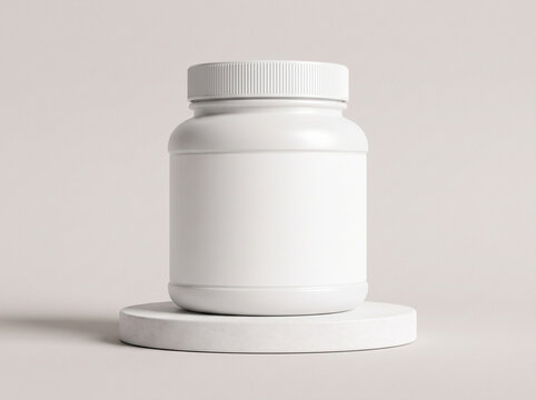 White supplement jar mockup on a minimalist podium