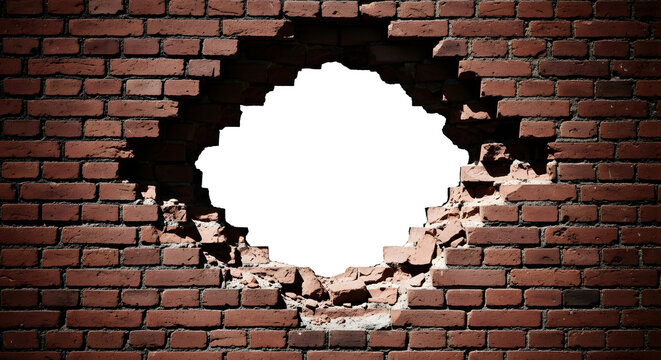 Broken Red Brick Wall with Large Hole Isolated White Background Frame Border Concept Construction Destruction Renovation Copy Space Abstract Texture
