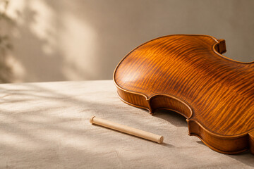 Violin back plate and soundpost on linen, classical music craftsmanship concept © zilong  Zhang