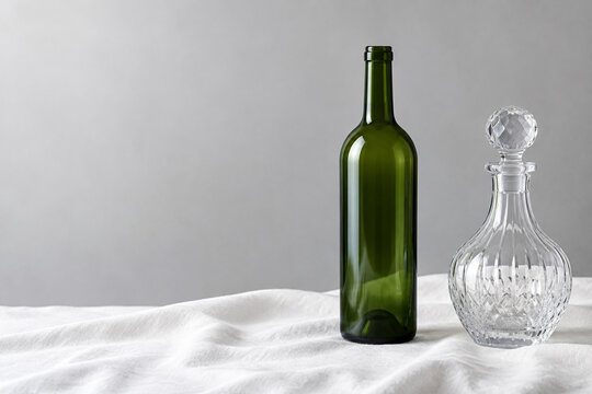 Empty wine bottle with crystal decanter on linen, beverage service and elegance concept