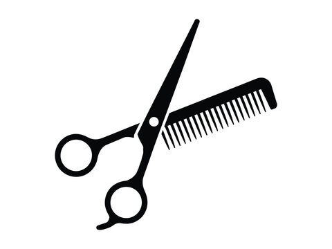 Barber Scissors Comb, Modern Hairdressing Icon, Flat Grooming Logo, Professional Salon Tools, Hairstyling Equipment, Cutting Symbol, Detailed Vector Graphic