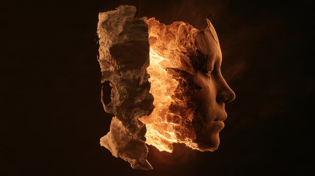 An abstract form mid-transformation is displayed with rough and refined sides coexisting, illuminated by warm light against darkness.