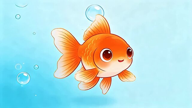 Cute orange cartoon goldfish swimming among transparent bubbles on light blue background