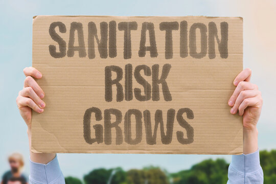 "Sanitation risk grows" Standing waste water breeds bacteria and pests. SANITATION. RISK. GROW. BACTERIA. PESTS.