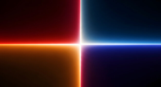 Abstract four color neon cross beam quadrant background with red blue orange purple