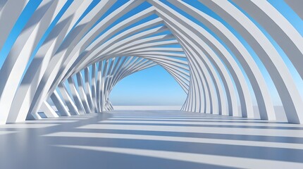 Obraz premium Futuristic white arched tunnel structure with twisting geometric ribs