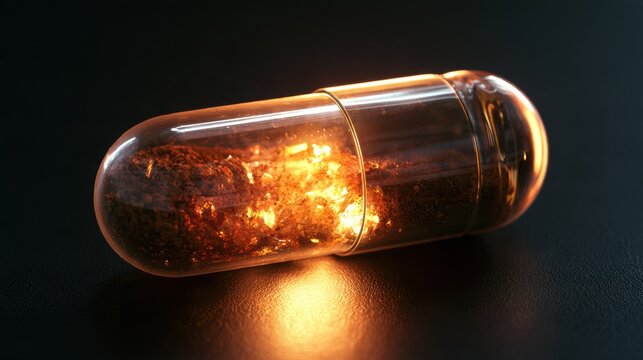 Close-up view of a translucent capsule showing quercetin and fisetin powder glowing amber inside on dark background.