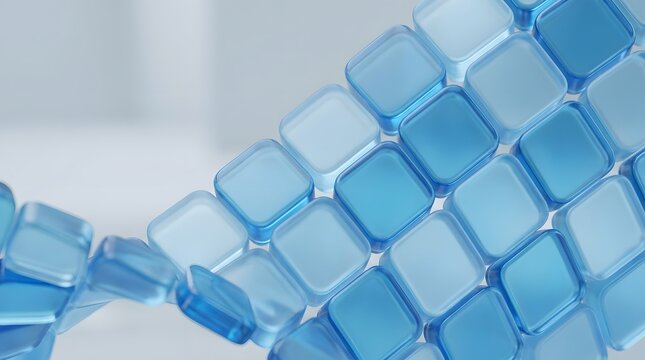 Abstract 3d rendering of frosted translucent blue glasslike cubes arranged in an intricate undulating wave pattern