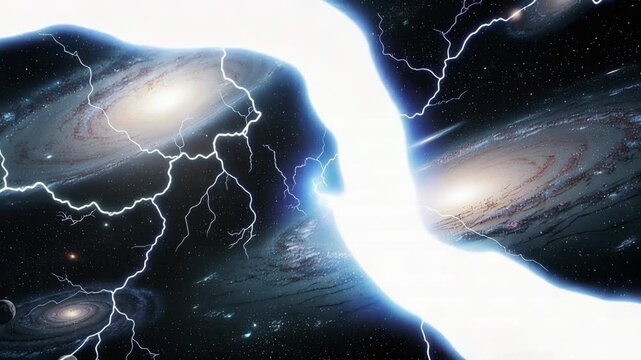 Cosmic journey with powerful lightning bolts intertwined with swirling galaxies in vibrant space scene