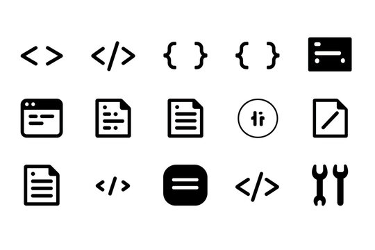 Modern black and white icon set featuring programming, coding, and document symbols for tech projects