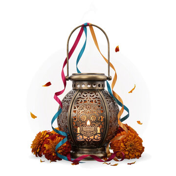 Vintage brass cutwork lantern with calavera face silhouette, glowing inner candle, festive ribbons, and marigold flowers