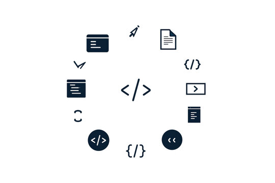 Modern flat icons set of programming code and development tools arranged in circular layout