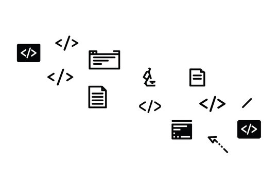Modern collection of programming and coding icons arranged in a creative flat design style