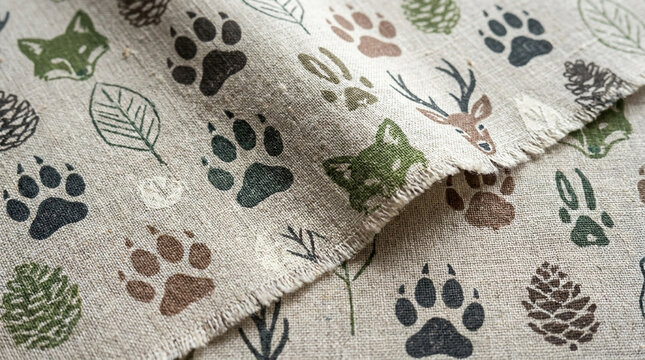 Charming fabric pattern with forest animal paw prints and branches