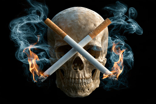 A stark visual representation of the deadly consequences of smoking, featuring a realistic human skull crossed by two burning cigarettes emitting ominous smoke against a dark background,