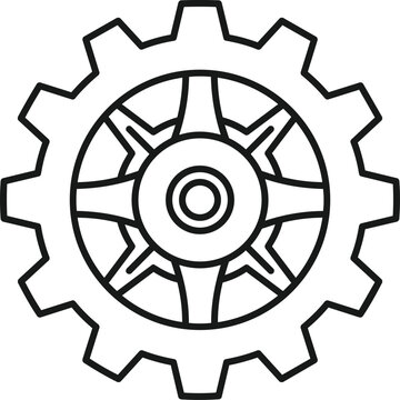 Industrial gear wheel line icon with detailed spoke pattern inside robust metal cog teeth structure for mechanical engineering.