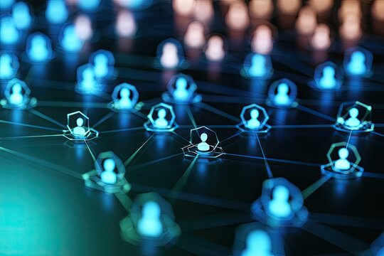 Abstract Network of Glowing Human Icons Connected by Lines.