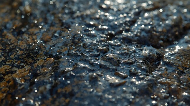Close-up cinematic photo of a wet river granite boulder surface glistening with rainwater after a storm