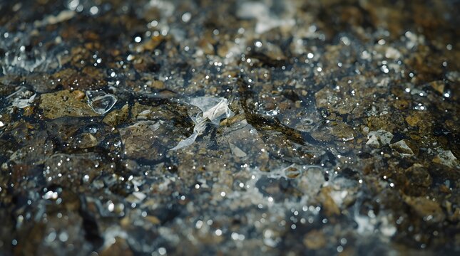 Close-up shot of wet granite river boulders glistening with water droplets after rain in a natural stream