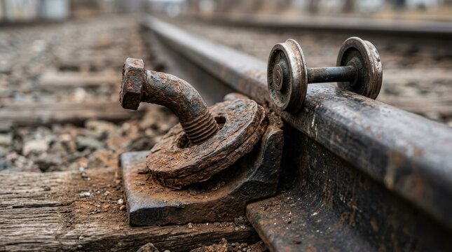 Closeup of a bent rusted rail bolt, washer and miniature train wheel on a dusty track showing railway infrastructure wear