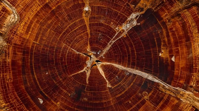 Captivating extreme macro view of an ancient petrified wood cross-section, showcasing its intricate growth rings and a mesmerizing natural starburst pattern