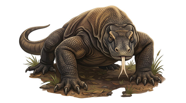 Komodo Dragon Illustration with Scaly Skin Forked Tongue and Sharp Claws Standing on Ground PNG Isolated
