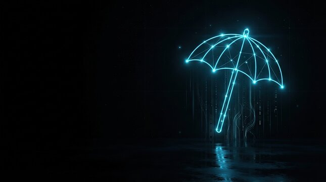 Striking 3D glowing blue wireframe umbrella symbolizing AI protection, futuristic tech innovation, and digital science against dark digital rain for high-tech projects.