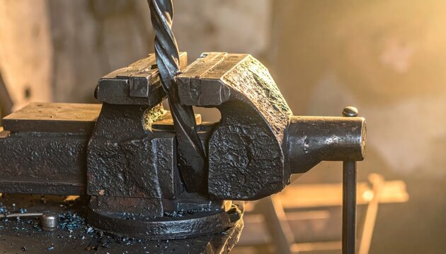 Close-up of a metal bar being twisted in a heavy-duty vise with dramatic lighting