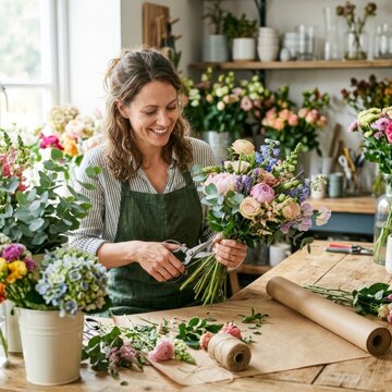 Florist Arranging Flowers In A Studio In Garden