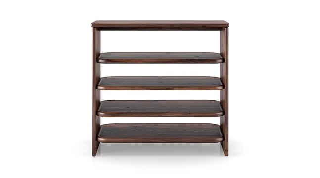 Minimalist dark brown wooden shelf unit with four tiers, elegant solid wood storage furniture isolated on white background, modern home organization rack for shoes or display purposes.
