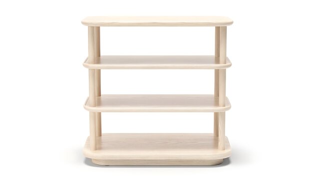 Modern Minimalist Light Wood Shelf Unit with Four Tiers and Rounded Corners, Isolated on White Background for Contemporary Interior Design and Home Storage Furniture Organization