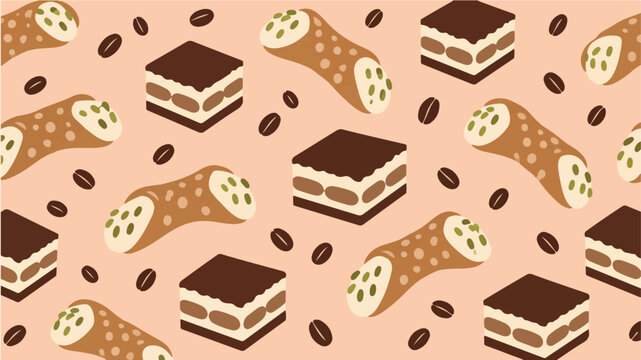 Seamless pattern with sweet italian cannoli and tiramisu desserts on light background.