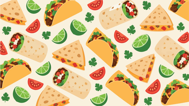 Seamless pattern with delicious mexican tacos limes and chili peppers on white background.