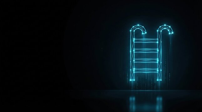Striking 3D glowing blue wireframe ladder against dark backdrop highlights cutting-edge AI, digital science, and futuristic tech innovation for high-tech projects