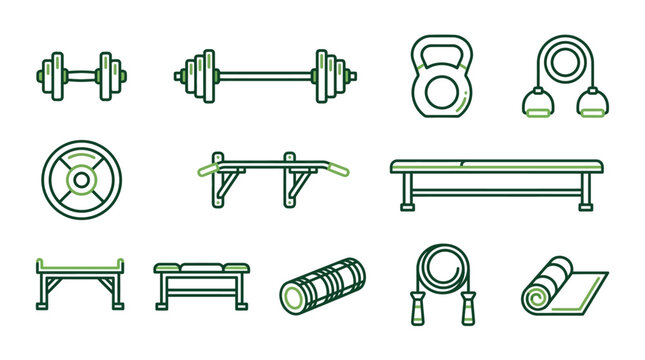 A collection of various gym and fitness equipment icons in a clean line art style.