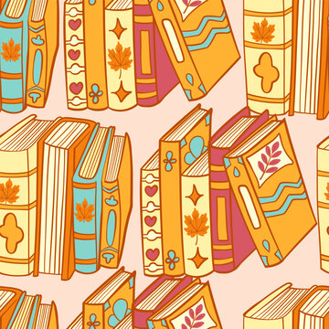 Bookshelf seamless pattern, hand drawn vintage cartoon books on shelf spine dense reading library vector