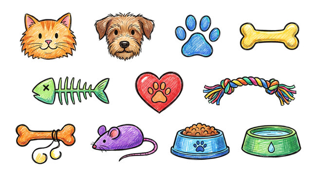 Set of hand drawn pet icons, transparent background