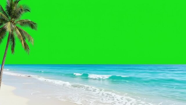 Tropical Sandy Beach and Turquoise Ocean Waves with Coconut Palm Tree on Green Screen