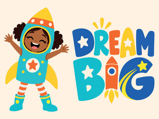 Fototapeta premium Cute cartoon diverse children in superhero and star costumes with typography quote Dream Big.