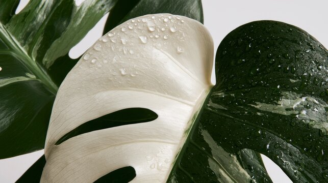 Macro shot of a variegated Monstera deliciosa Albo leaf with fresh water droplets on its white and green surface