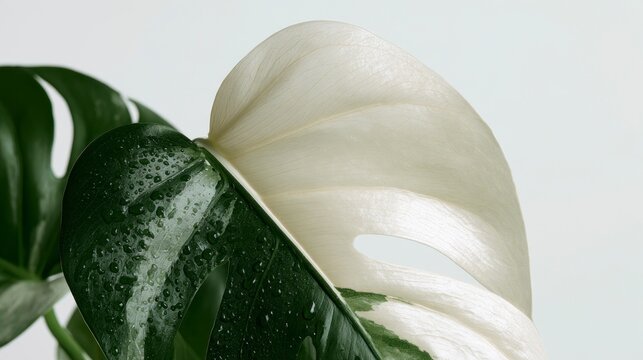 Close-up of a Variegated Monstera Deliciosa Albo Leaf with Water Droplets