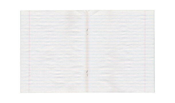 Open ruled notebook spread with wrinkled pages and visible margins
